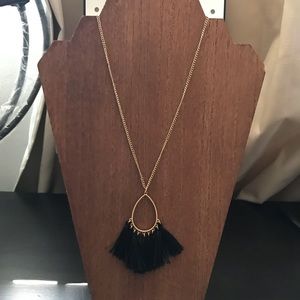Gold tone long black cotton  tassel necklace
